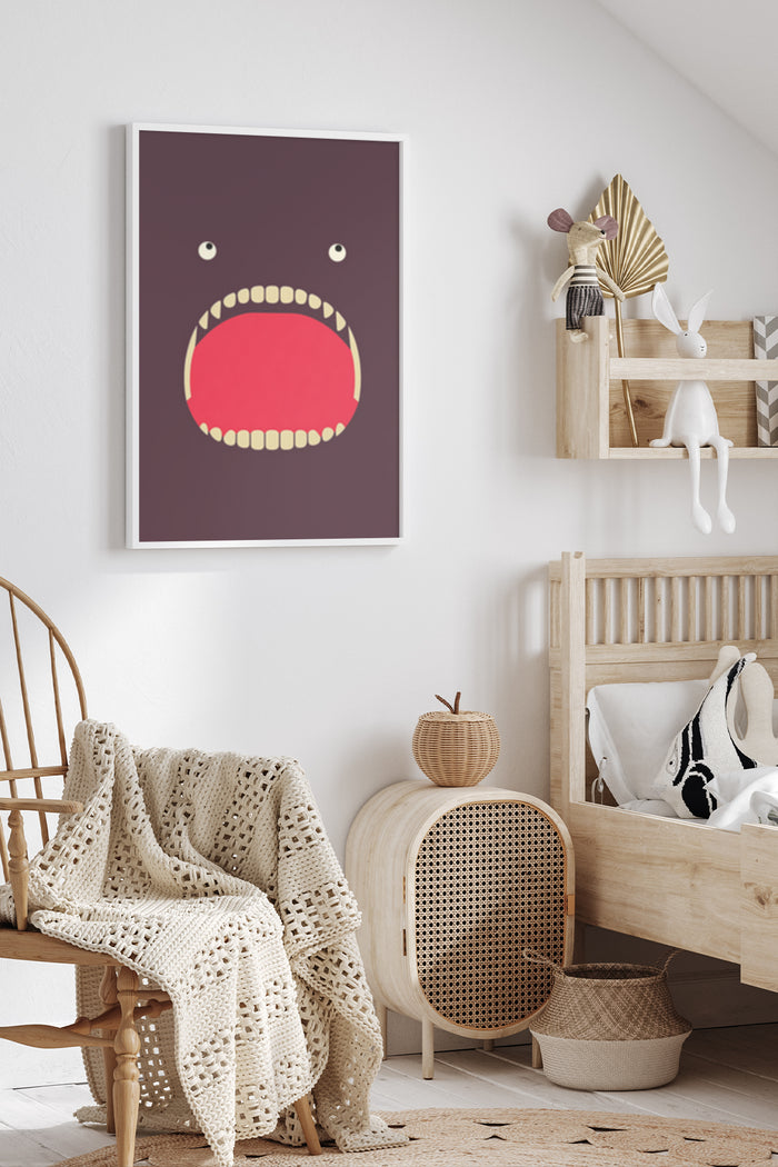 Abstract modern minimalist poster of a stylized open mouth on wall of cozy home interior