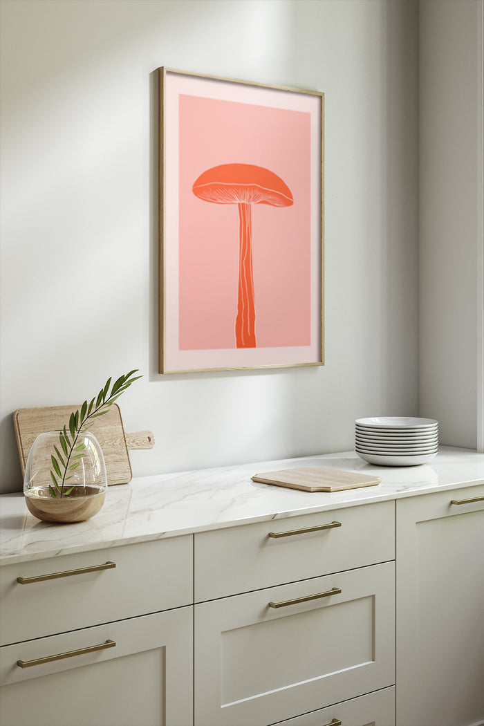 Modern minimalist mushroom art poster in a kitchen setting, perfect for home decor and interior design themes