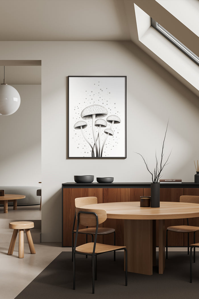 Minimalist black and white mushroom illustration in a modern dining room setting