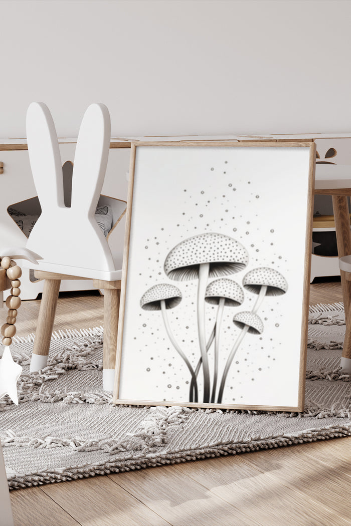 Modern minimalist black and white mushroom illustration poster in a stylish interior