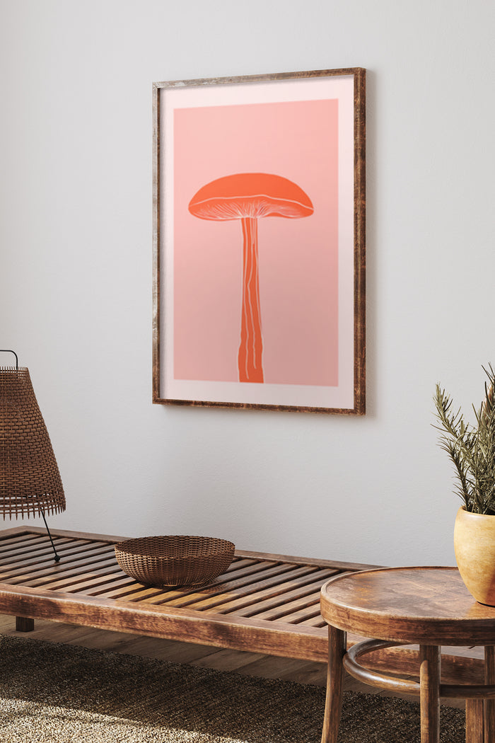 Modern minimalist orange mushroom illustration on a pink background poster in a stylish interior