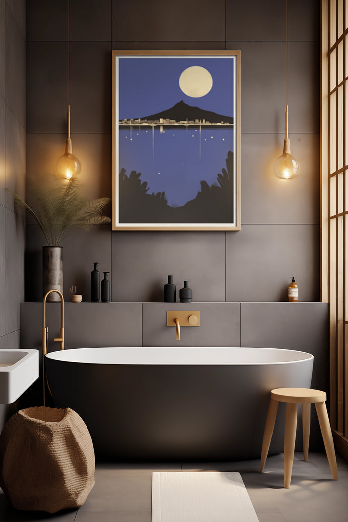 Modern minimalist poster depicting a night seascape with full moon over a mountain hung in a stylish bathroom interior