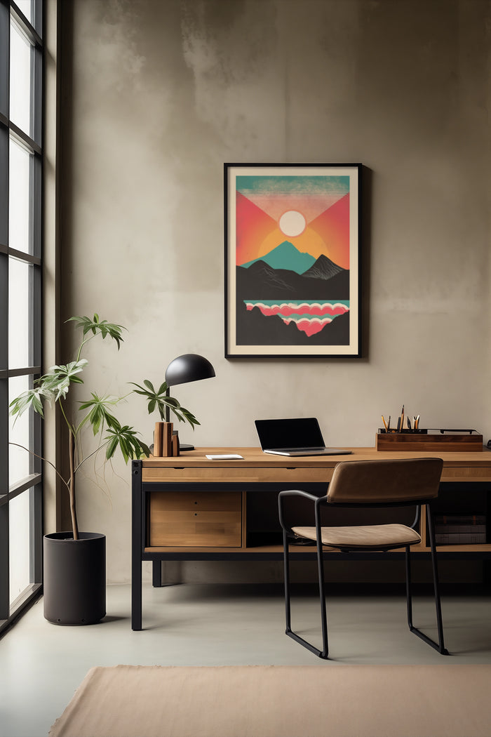 Modern minimalist home office interior with stylish desk and chair featuring abstract mountain landscape art poster
