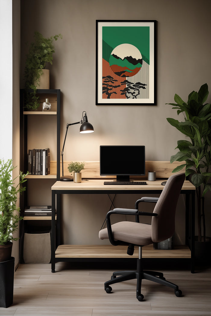 Contemporary home office design with wooden desk, computer, and abstract mountain landscape wall art
