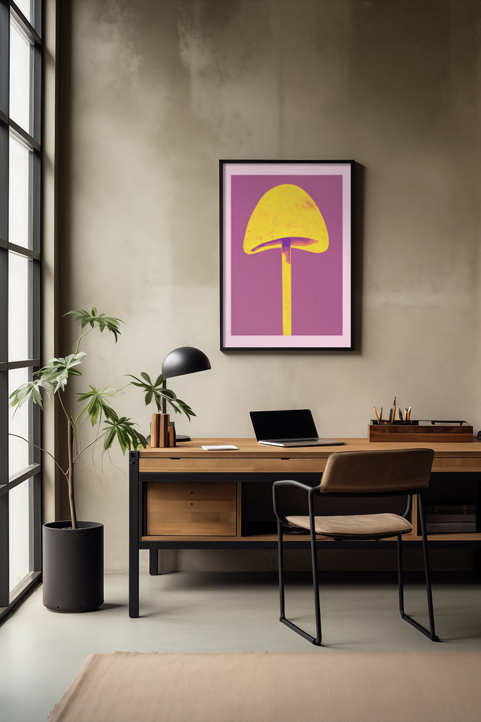 Stylish home office interior with minimalist yellow mushroom poster on wall, wooden desk, and contemporary chair