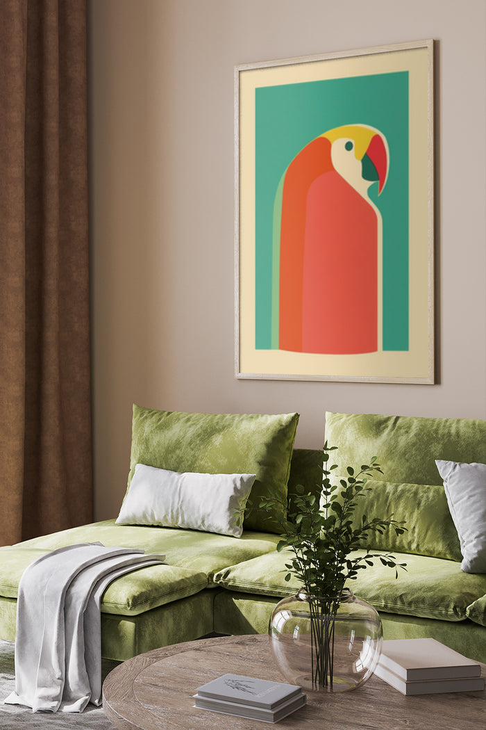 Modern minimalist artwork of a parrot poster in a stylish interior setting