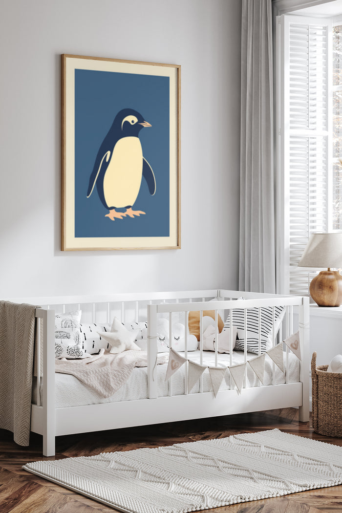 Minimalist Penguin Illustration Poster Framed in a Nursery Room