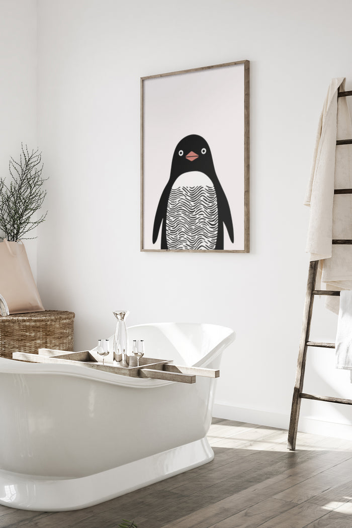 Minimalist penguin poster artwork in a modern bathroom setting