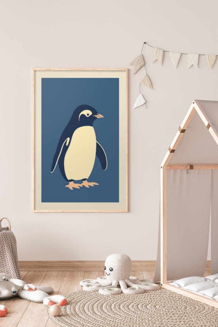 Stylish minimalist penguin poster framed in a children's room with playful decor