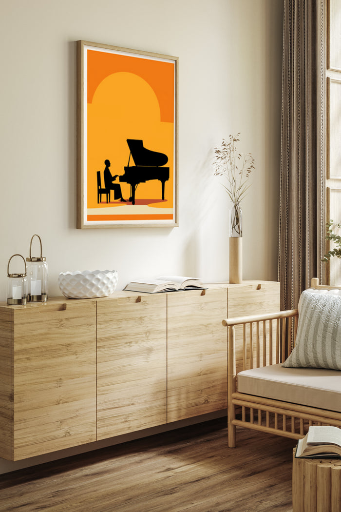 Stylish minimalist interior with piano player poster art on wall, warm tones, and comfortable home decor