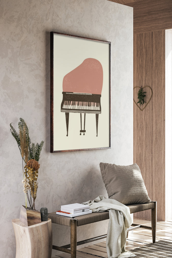 Modern minimalist piano poster in a stylish home interior setting