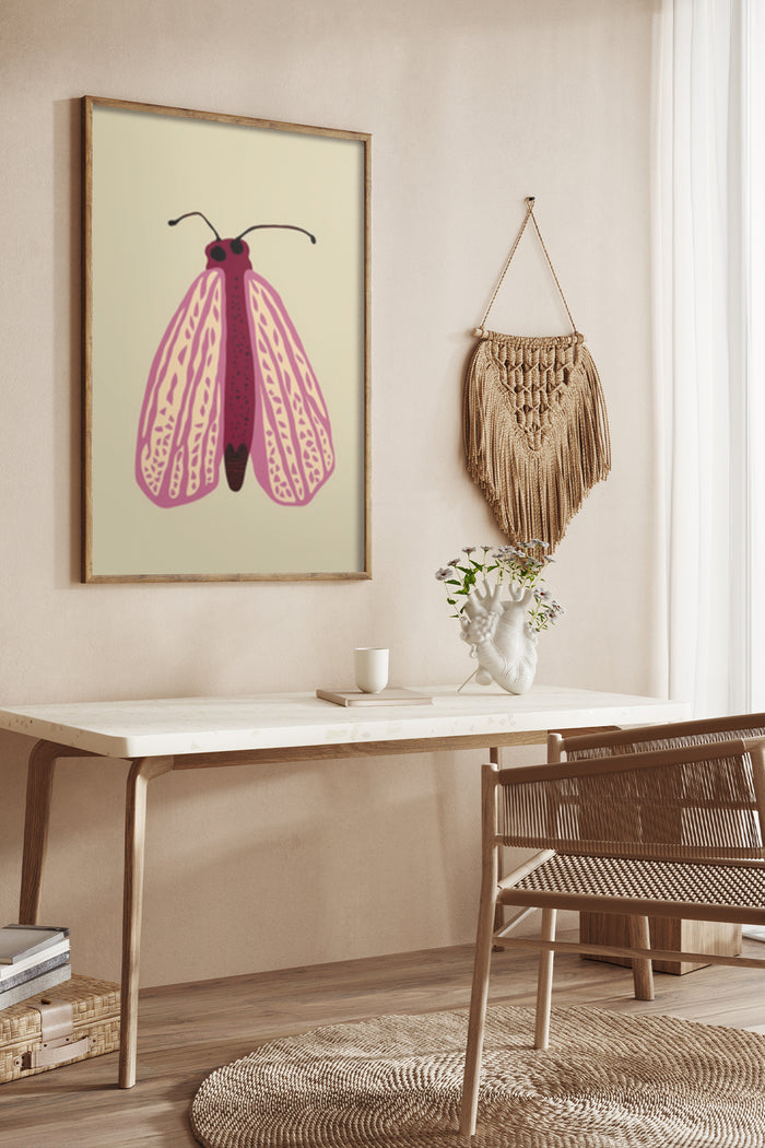Contemporary minimalist interior with pink moth artwork poster on wall, boho decor with macrame and marble table