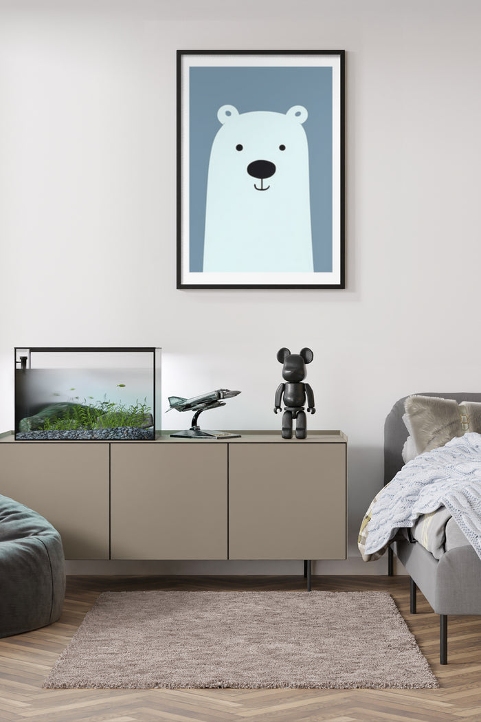 Modern minimalist interior with a framed polar bear illustration poster on the wall