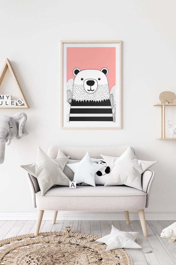 Stylish modern minimalist poster of a polar bear in a pink and black design, displayed in a cozy living room setting