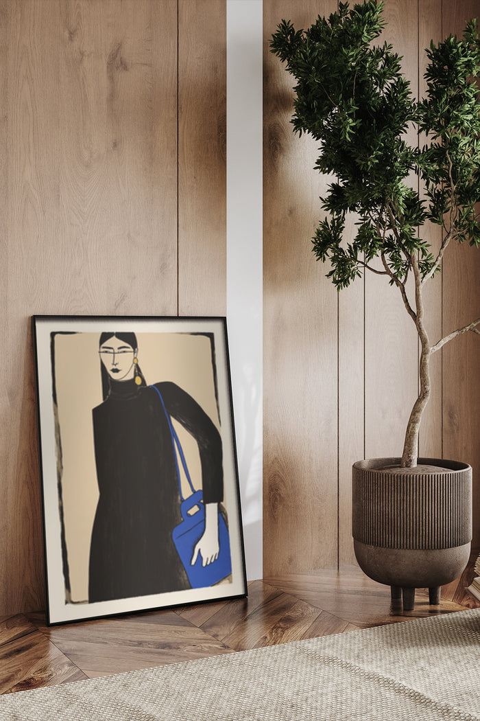 Stylish modern minimalist artwork featuring a portrait of a figure with bold blue accents in interior setting