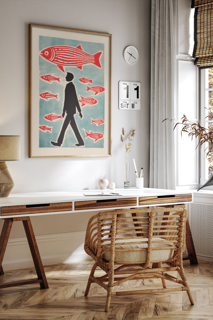 Modern minimalist interior with poster of a man walking and smaller fish following a bigger fish