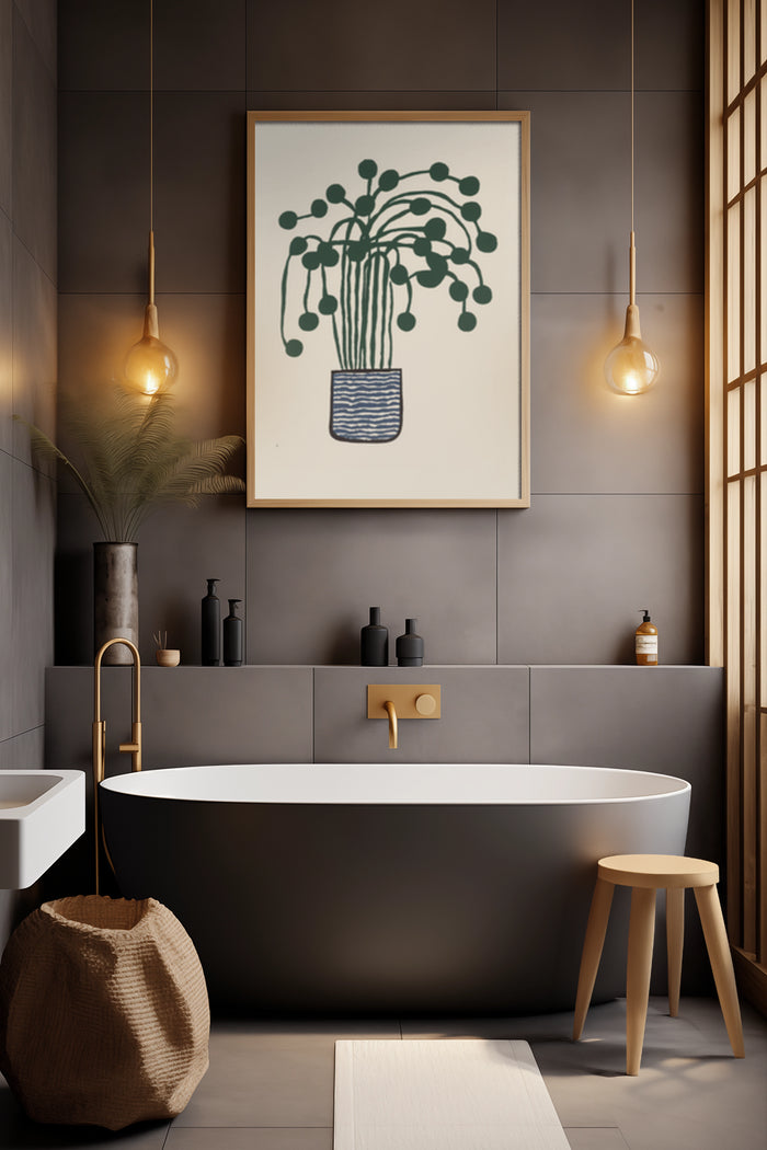 Framed minimalist artwork of a potted plant displayed in a contemporary bathroom interior