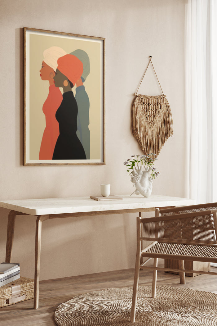 Stylish minimalist poster of woman profiles in modern home interior
