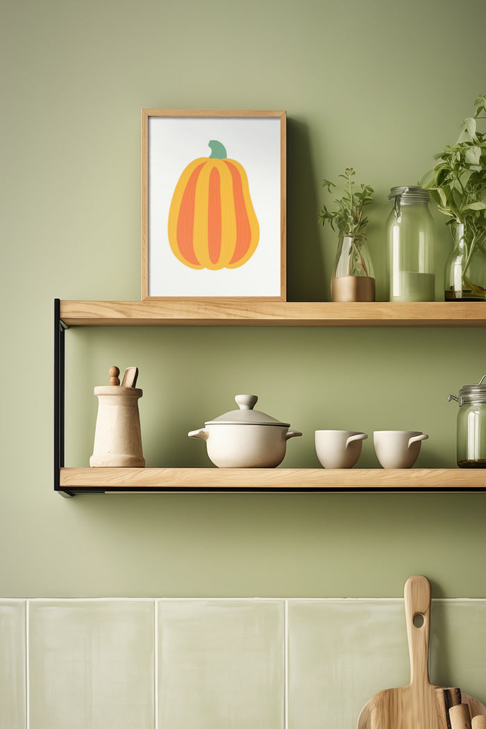 Modern minimalist pumpkin illustration poster framed in kitchen setting with shelving and pottery