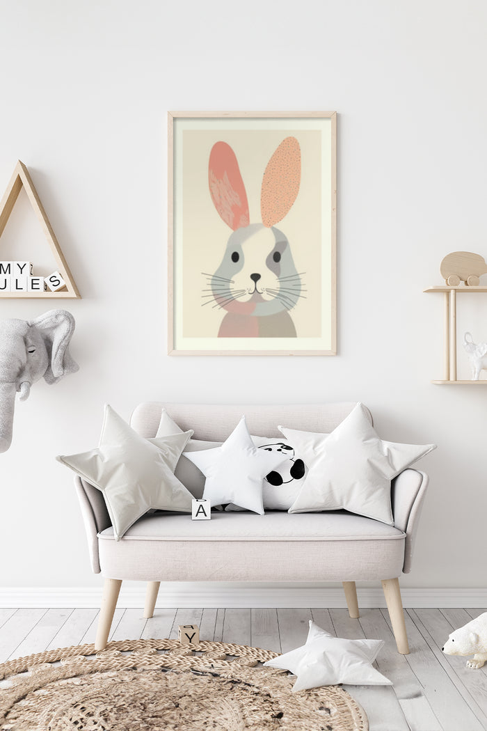 Modern and minimalist rabbit artwork poster on wall in stylish living room interior