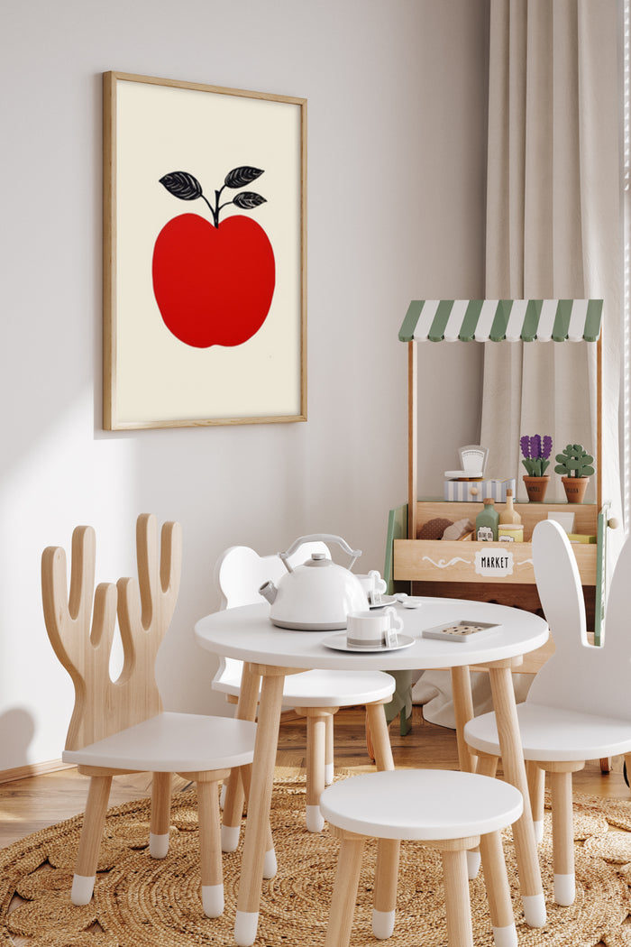 Stylish modern minimalist poster featuring a red apple with black leaves in a contemporary dining room setting