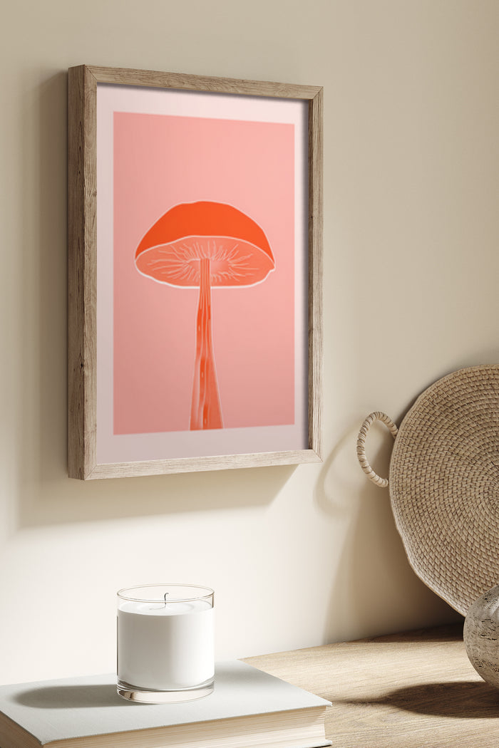 Modern minimalist poster featuring a stylized red mushroom design in a wooden frame on wall