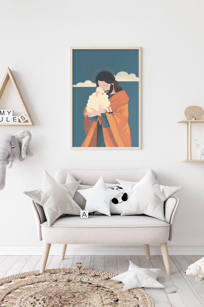 Modern minimalist art poster featuring a shepherdess holding a lamb in a serene setting