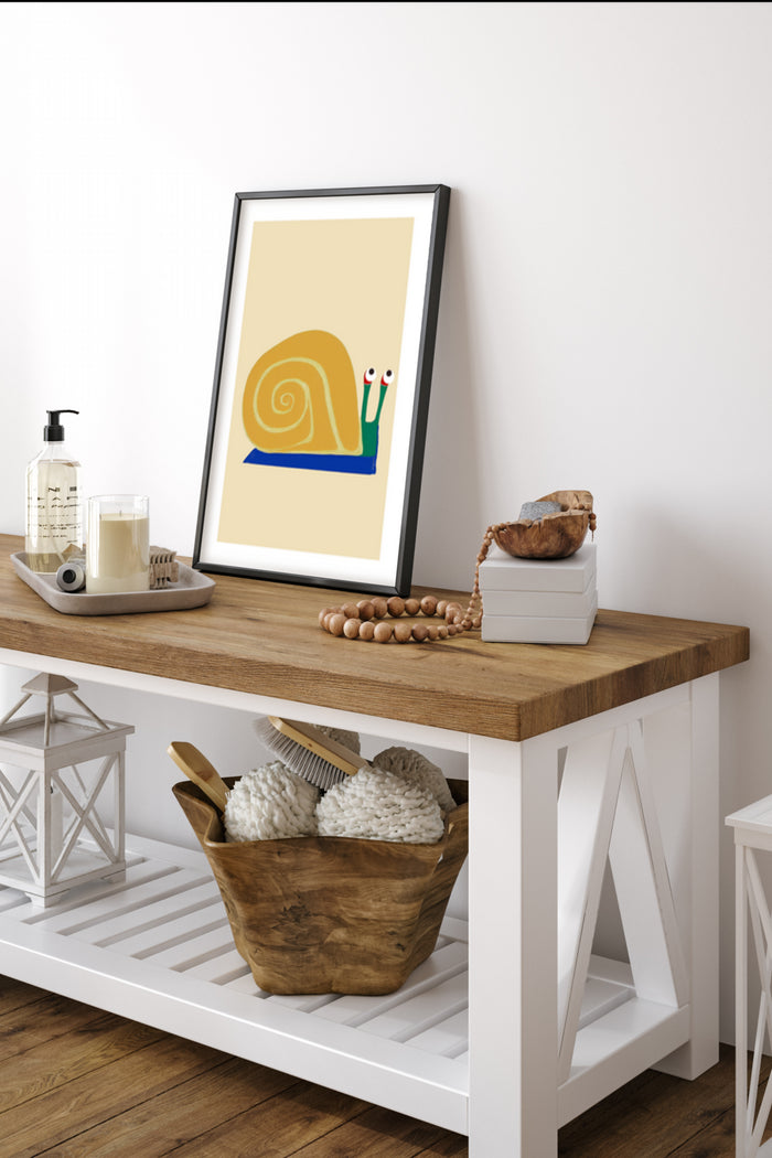 Modern minimalist snail illustration poster framed in a stylish home interior