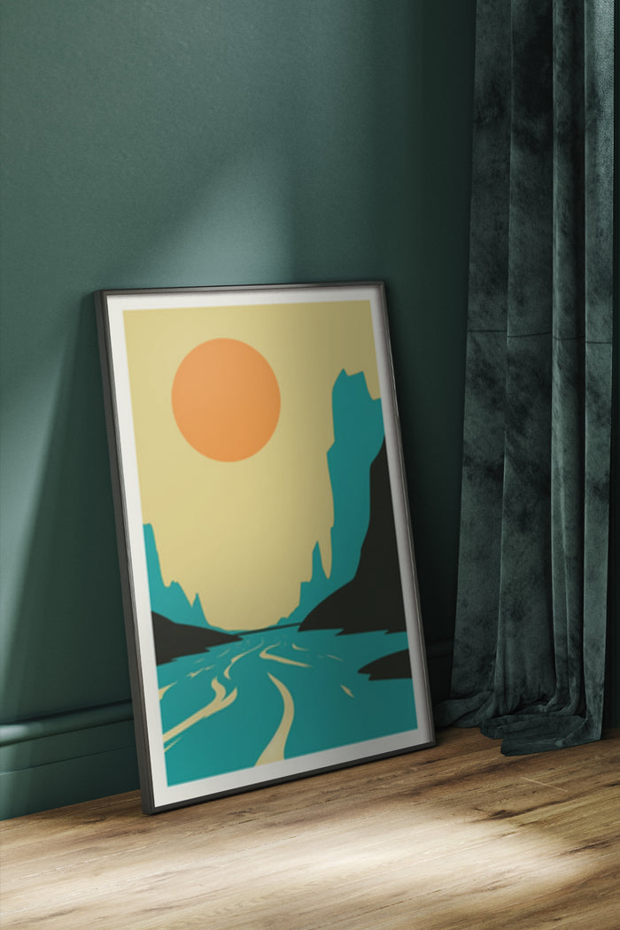 Modern Minimalist Sunrise Over Canyon Artwork in Frame