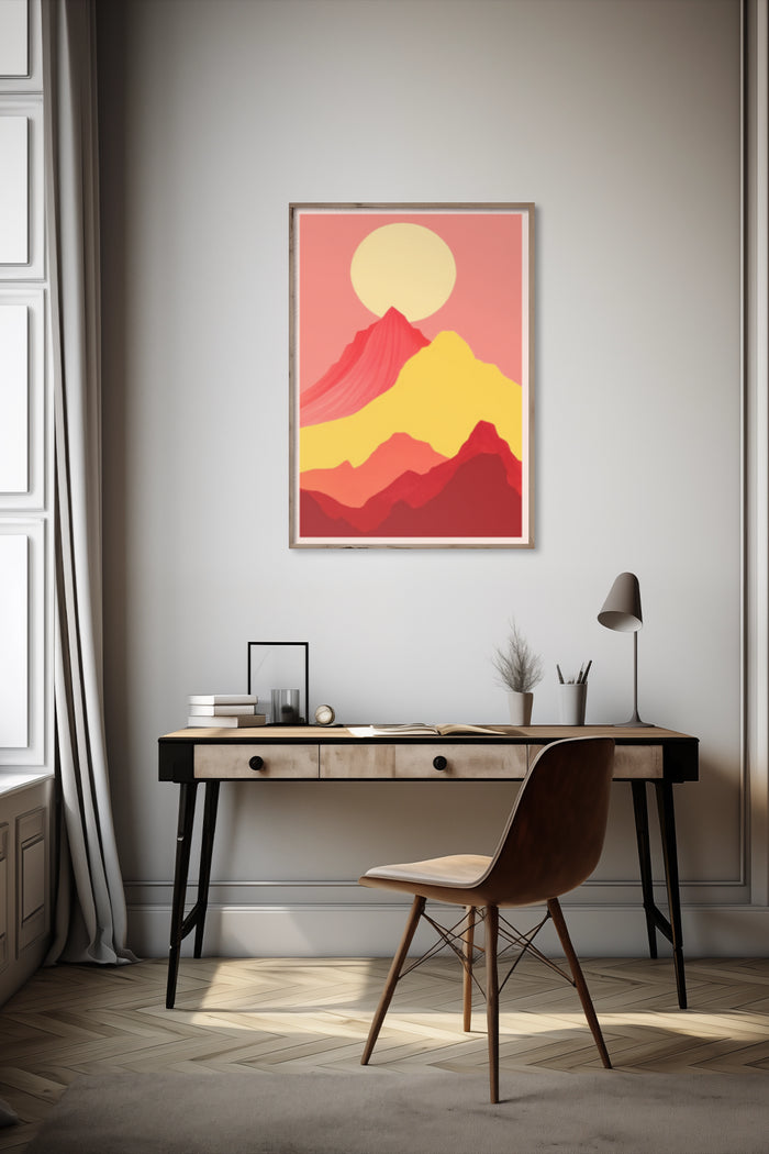 Modern minimalist poster featuring a sunrise over red mountains landscape in a stylish home office interior