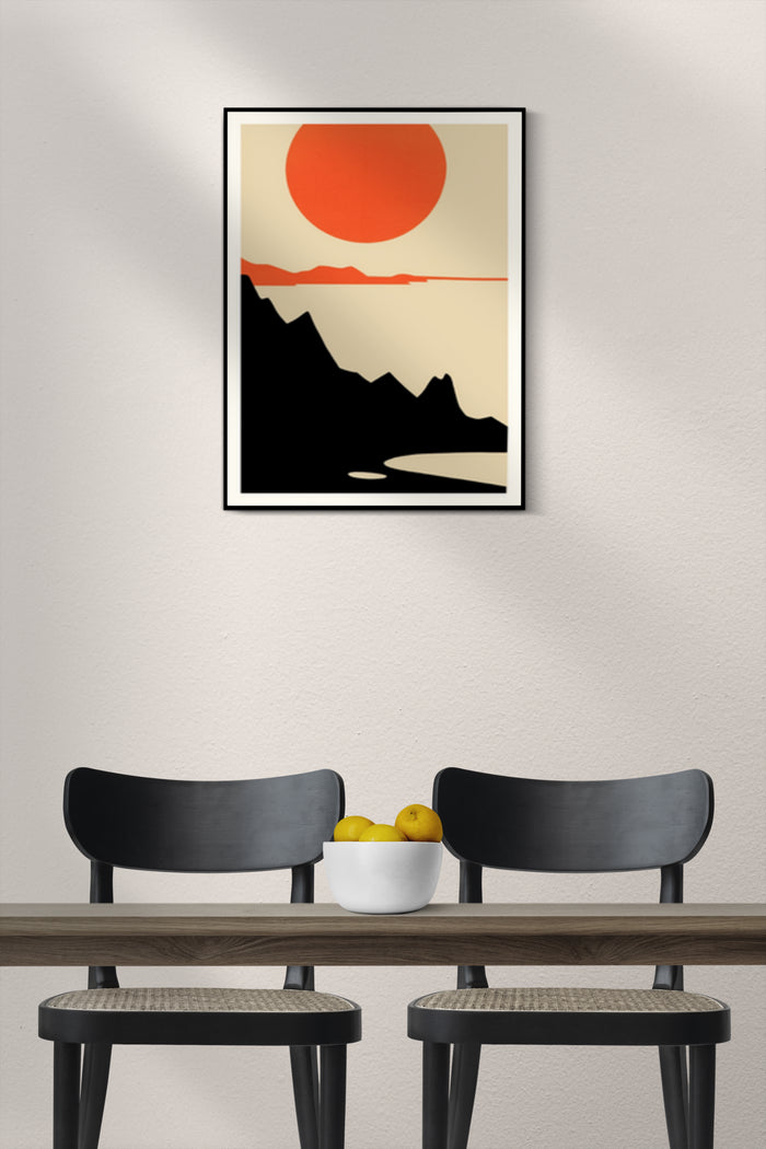 Modern minimalist artwork poster of a sunset over mountains, displayed in an interior setting