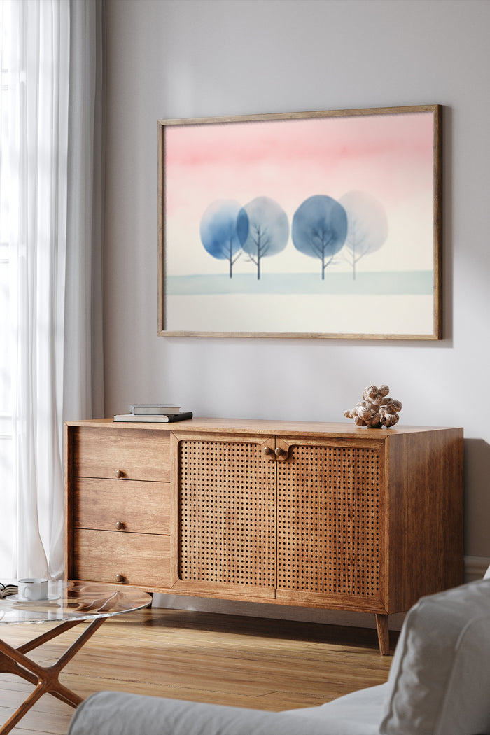 Elegant living room interior featuring a modern minimalist painting of stylized trees above a wooden sideboard