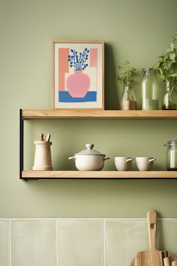Contemporary minimalist framed poster of a pink vase with blue leaves on a kitchen shelf with ceramics and plants
