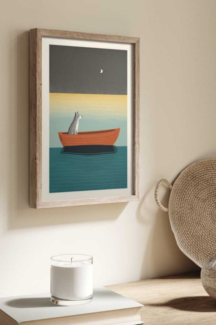 Modern minimalist art poster featuring a white wolf in an orange boat under a moonlit night sky