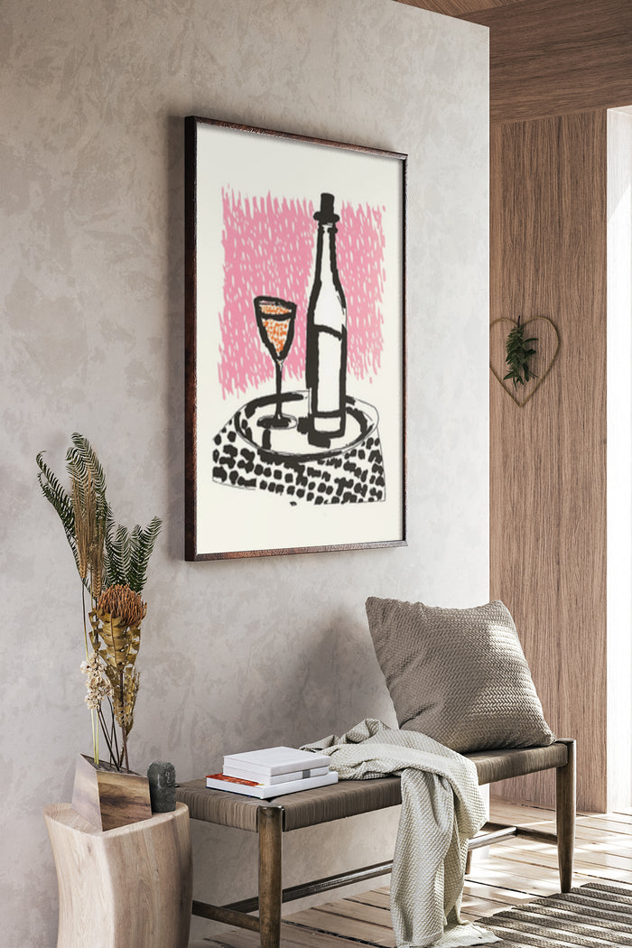 Modern minimalist artwork poster featuring a stylized wine bottle and glass against a pink backdrop in a cozy living room setting