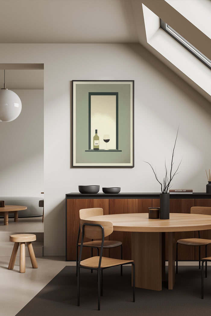 Modern minimalist poster of a wine bottle and glass displayed in a contemporary dining room