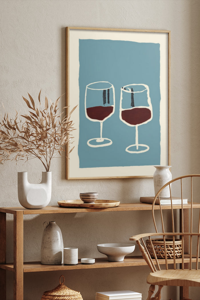 Modern minimalist artwork featuring two stylized wine glasses on a blue background poster