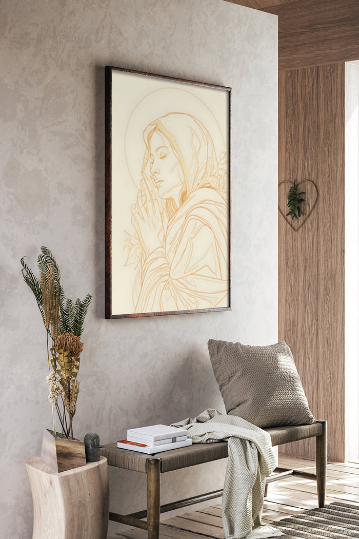 Modern minimalistic poster featuring a line drawing of a praying figure displayed in a contemporary home interior