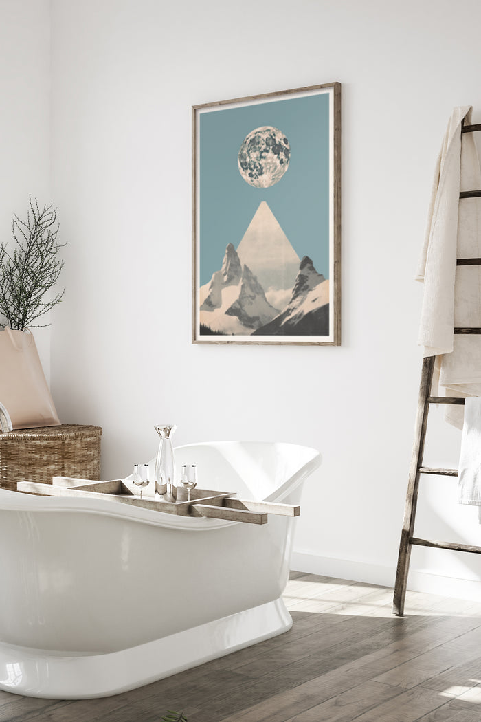Modern minimalistic poster with moon over mountains hanging in a stylish bathroom interior