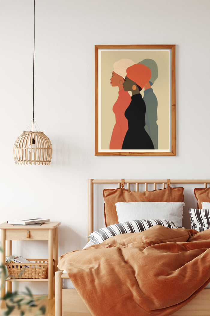 Modern Minimalistic Poster featuring Stylized Female Profiles with Turbans in Home Decor Setting