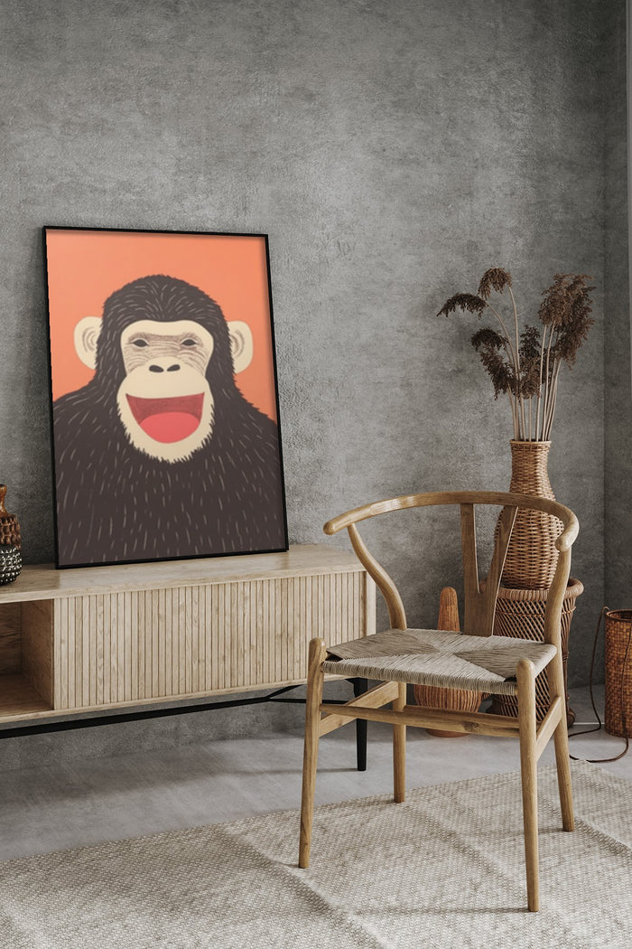 Modern living room interior with a vibrant monkey portrait artwork framed on wall