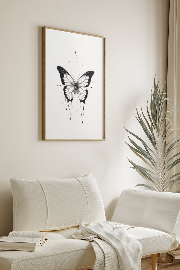 Modern Monochrome Butterfly Artwork in a Framed Poster on Living Room Wall