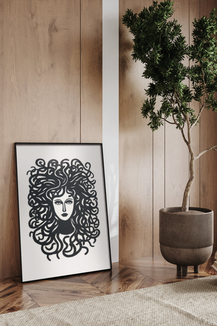 Modern Monochrome Poster of a Female with Curly Hair in a Stylish Interior