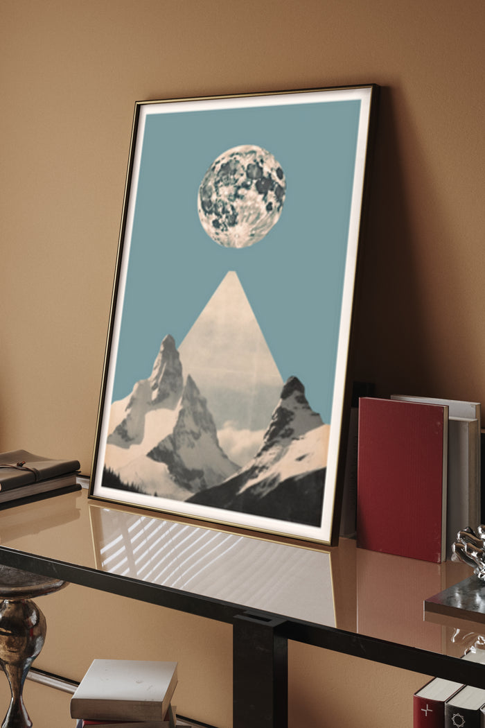 Modern graphic poster art featuring a moon over triangular mountains in a minimalist design