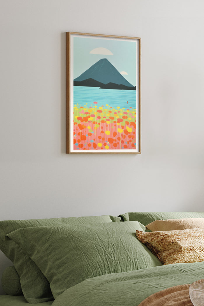 Colorful modern artwork poster featuring a stylized mountain and vibrant flower field in bedroom setting