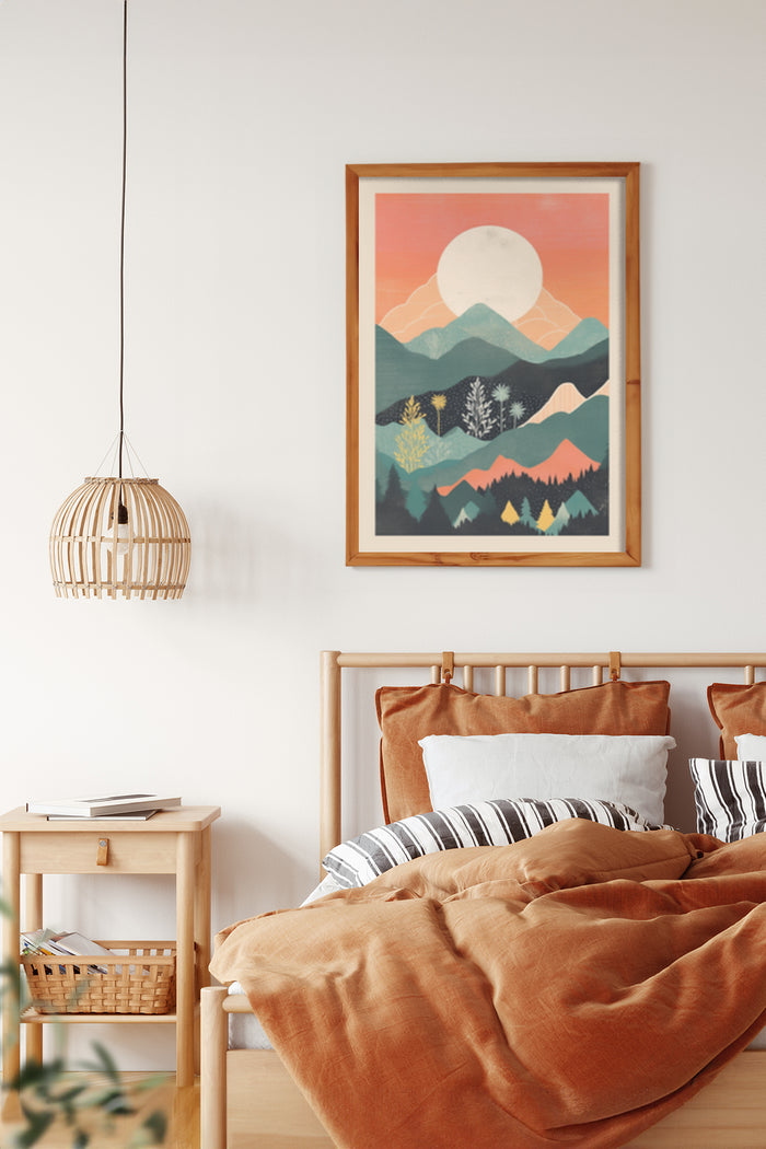 Stylish bedroom interior with modern mountain landscape artwork on the wall