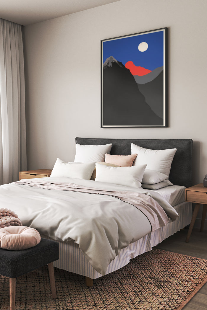 Contemporary bedroom with a modern mountain landscape poster on the wall