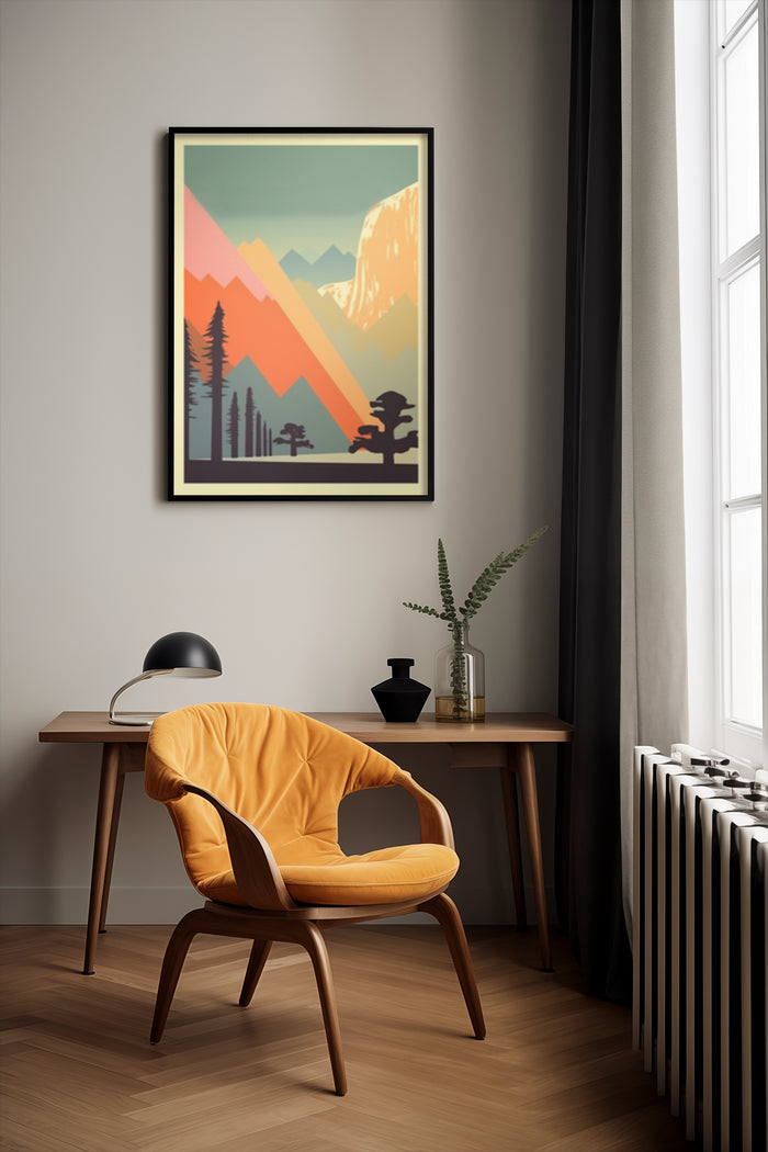 Stylish interior with modern mountain landscape poster on wall and cozy yellow chair
