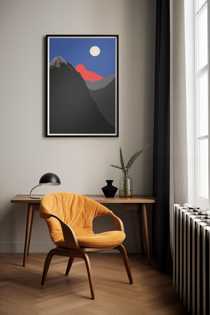 Minimalist mountain landscape poster in contemporary room setting with stylish chair and desk