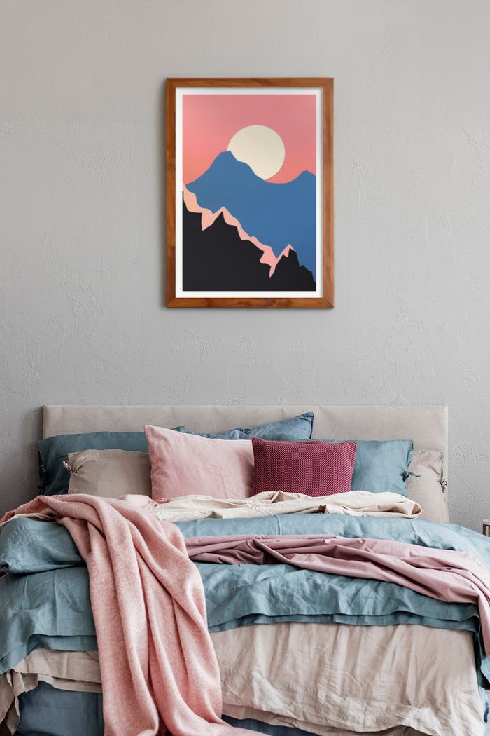 Modern graphic mountain sunset poster framed on bedroom wall